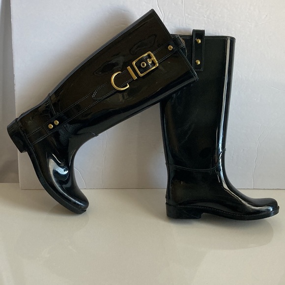 Coach Tasha Signature Gold Buckle Black Long Rain Boots Size 6M - Picture 4 of 16